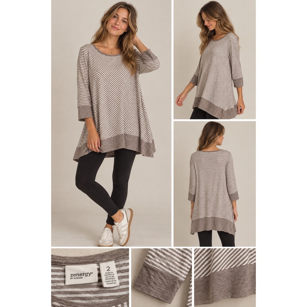 Zenergy by Chico's Retreat Asymmetrical Tunic Taupe Striped 3/4 Sleeve Size 2